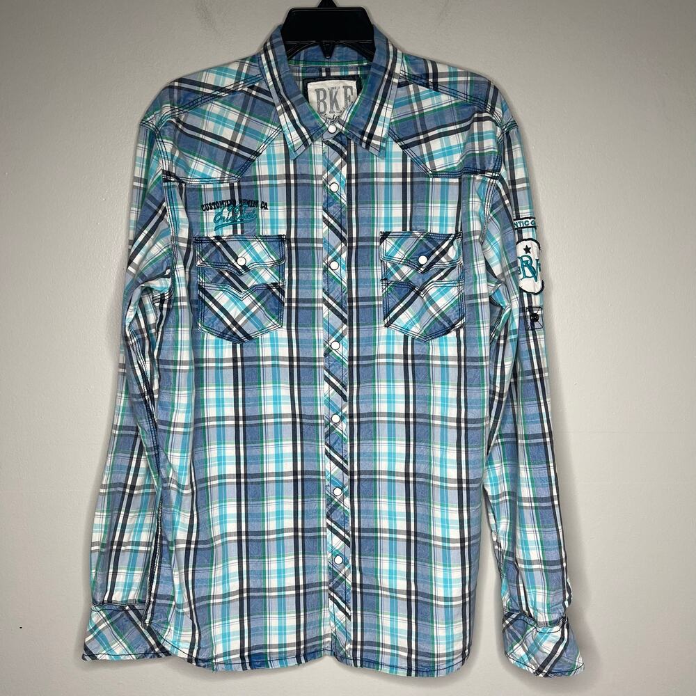BKE Buckle Pearl Snap Shirt Mens Large Blue Plaid Western Athletic‎ Fit Roll Tab
